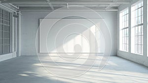 Spacious minimalist interior featuring empty white walls and windows