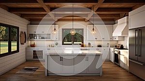 Spacious modern American style white kitchen in a country house with a kitchen island and a large work surface. Wooden