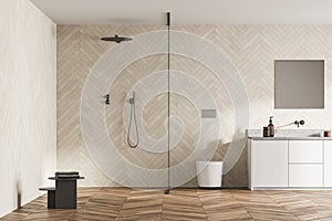 Spacious modern bathroom design interior in wood tones with parquet floor, walk-in shower, sink vanity. Window light