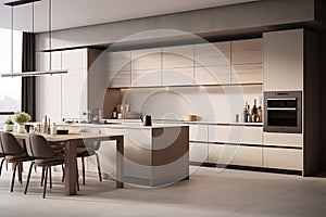 A Spacious, Modern Beige Kitchen. Minimalist Design. Generative AI