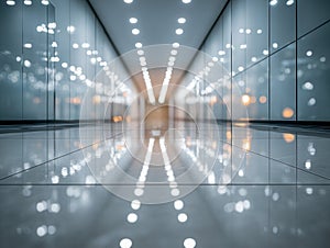 Spacious modern corridor with reflective glass walls and polished tiled floor illuminated by rows of ceiling lights creating