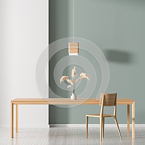 Spacious modern dining room with wooden chair and table.  Minimalist dining room design. 3D illustration