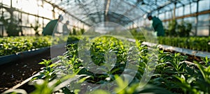 Spacious modern greenhouse with rows of emerging hemp seedlings. Workers in protective clothing are monitoring the