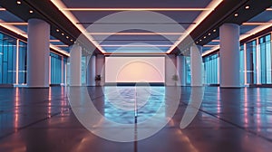 Modern empty interior space with screens and bright lighting design