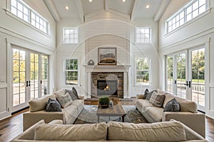 Spacious living room with couches in front of fireplace photo