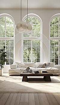 Spacious modern living room interior with minimalist design and big windows