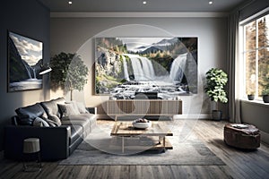 Spacious Modern Living Room with Luxurious Grey Leather Sofa and Wooden Coffee Table