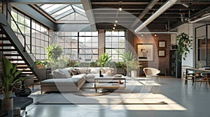 Spacious modern loft living room bathed in natural light