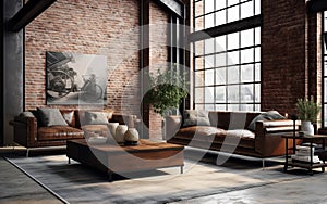 Spacious and Modern Loft Living Room With Industrial Charm and Exposed Brick Walls