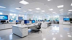 Spacious, modern office featuring an open layout with multiple workstations.