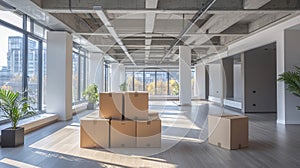 Spacious modern office interior with cardboard boxes and large windows. concept of office moving, workspace transition
