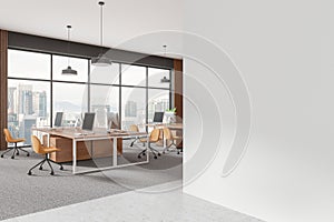 Modern office with empty white wall for mockup template. 3D Rendering