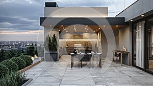 A spacious and modern rooftop terrace offering breathtaking views of the city below featuring a sleek outdoor kitchen