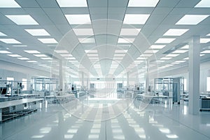 Spacious and modern semiconductor factory floor with high-tech equipment