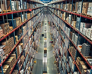 Spacious Modern Warehouse with Organized Shelves. Logistic and business concept..Spacious Modern Warehouse with Organized Shelves.