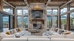 Spacious mountain home living room with panoramic views
