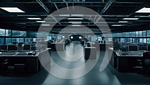 Spacious Office With Numerous Desks and Computer Workstations. Generative AI. photo