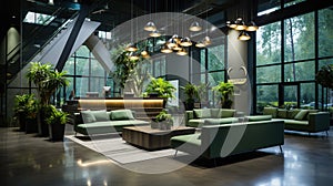 A Spacious Office Reception Area With Luxurious Furnishings Sleek Design Green Interior Background