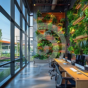 Spacious Office with Vertical Garden and Modern Workstations. Generative ai