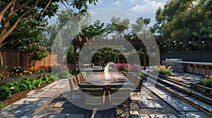 A spacious outdoor dining area with a central fire pit perfect for cozy and intimate dinners with friends and family. 2d photo