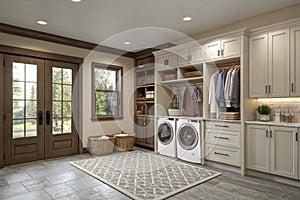 Spacious laundry room with washer and storage photo