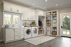 Spacious laundry room with washer and storage photo