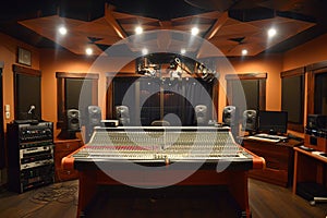 Spacious recording studio with modern equipment, mixing desk, and acoustic design
