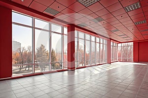 Spacious red room with large windows