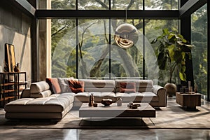 Spacious room with elegant sofa. Minimalist loft luxury home interior design of modern living room in villa, AI generate