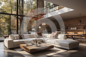Spacious room with elegant sofa. Minimalist loft luxury home interior design of modern living room in villa, AI generate