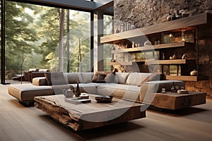 Spacious room with elegant sofa. Minimalist loft luxury home interior design of modern living room in villa, AI generate