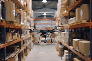 Spacious Room Filled With Shelves and Boxes Show drones flying over aisles in a warehouse