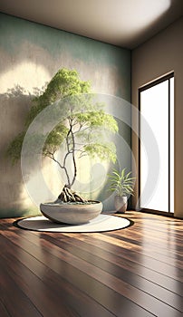 A spacious room with a serene sage green wall and a prominent Japanese bonsai tree. AI Generated