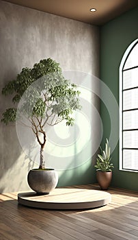 A spacious room with a serene sage green wall and a prominent Japanese bonsai tree. AI Generated