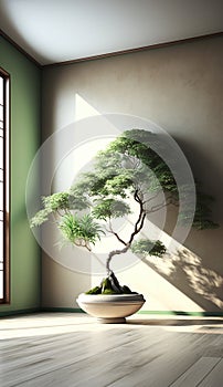 A spacious room with a serene sage green wall and a prominent Japanese bonsai tree. AI Generated