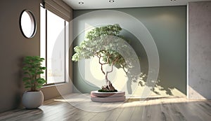 A spacious room with a serene sage green wall and a prominent Japanese bonsai tree. AI Generated