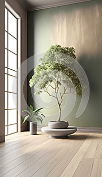 A spacious room with a serene sage green wall and a prominent Japanese bonsai tree. AI Generated