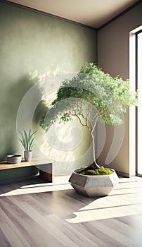 A spacious room with a serene sage green wall and a prominent Japanese bonsai tree. AI Generated