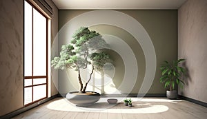 A spacious room with a serene sage green wall and a prominent Japanese bonsai tree. AI Generated