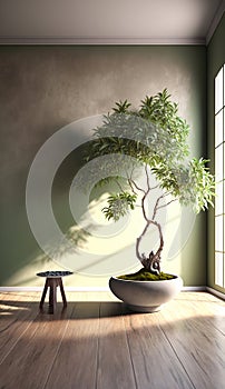 A spacious room with a serene sage green wall and a prominent Japanese bonsai tree. AI Generated