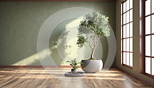 A spacious room with a serene sage green wall and a prominent Japanese bonsai tree. AI Generated