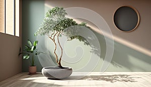 A spacious room with a serene sage green wall and a prominent Japanese bonsai tree. AI Generated