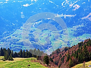 Spacious subalpine valley Seeztal along the Seez River between Lake Walensee and the Rheintal Valley, Walenstadtberg