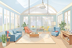 spacious sunroom interior in colonial revival home, magazine style illustration