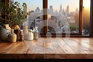 Spacious table in front of blurred kitchen windowÅ¸??ideal backdrop for artistic presentations photo