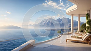 The spacious terrace of the modern house offers a picturesque panoramic view of the sea and mountain peaks