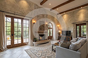 Spacious villa with cement wall, fireplace, and TV