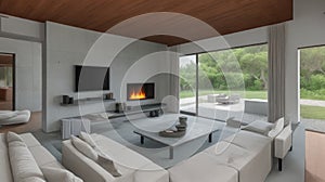 Spacious villa interior with cement wall effect, fireplace and tv