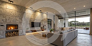 Spacious villa interior with cement wall effect, fireplace and TV