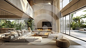Spacious villa interior with cement wall effect, fireplace and tv. Generative Ai